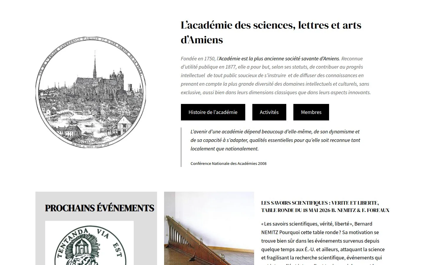 Site de l'Académie des sciences, lettres et arts d'Amiens : sceau gravé de 1750 en regard de la présentation de l'institution.
