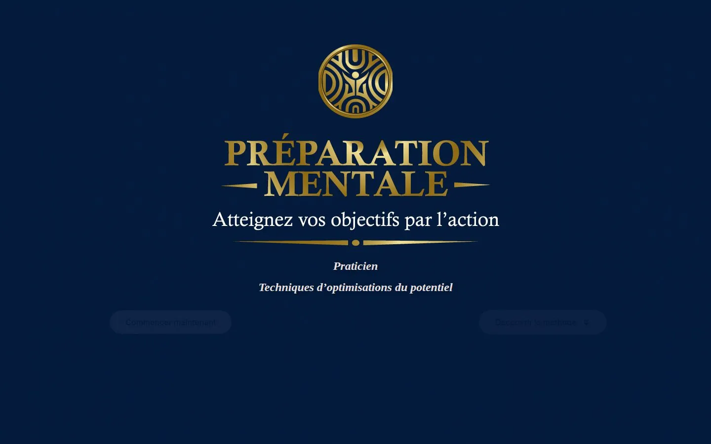 Page d’accueil de Corpore Mentis : monogramme doré et titre « Préparation mentale » sur fond bleu nuit.