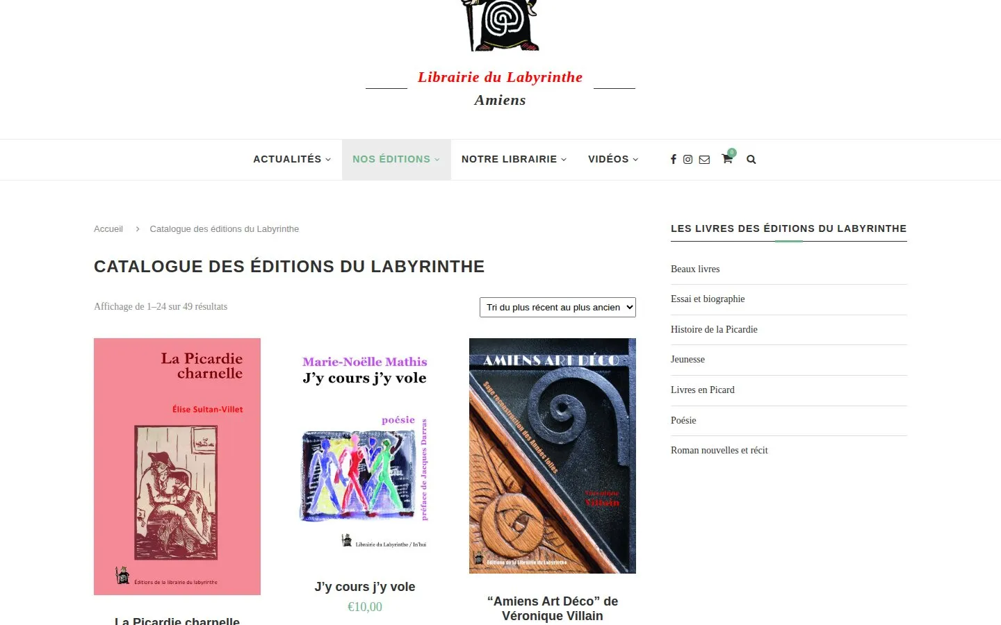 Catalogue en ligne de la Librairie du Labyrinthe : grille de couvertures avec prix et boutons d'ajout au panier.