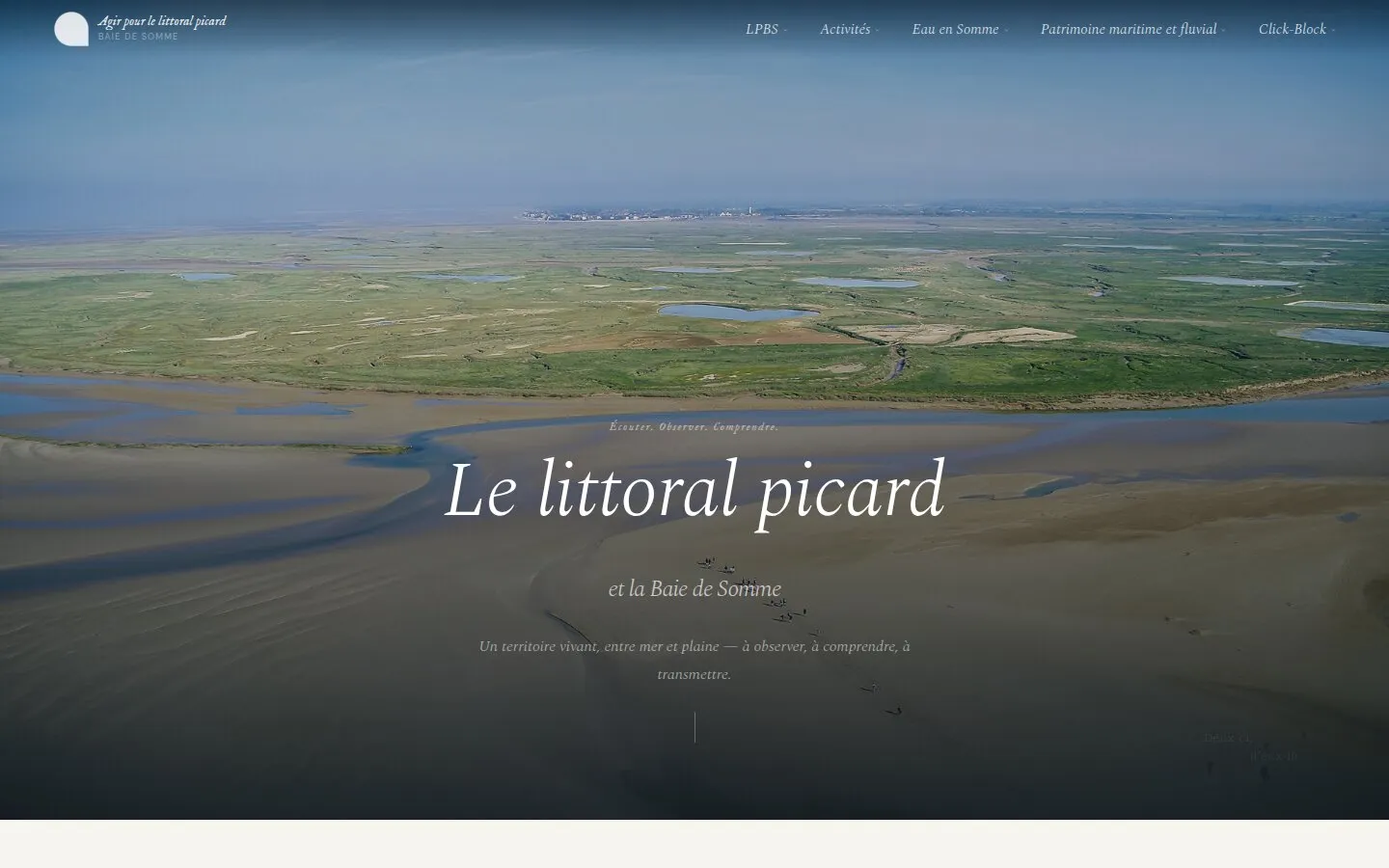 Page d’accueil du site Le littoral picard et la Baie de Somme : vue aérienne des mollières et du chenal.