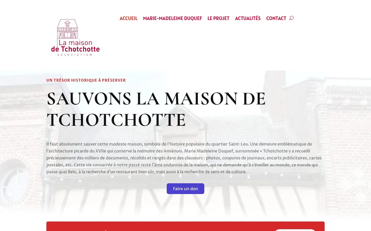 Page d’accueil de la Maison de Tchotchotte : titre « Sauvons la maison de Tchotchotte » sur une photo de la façade.