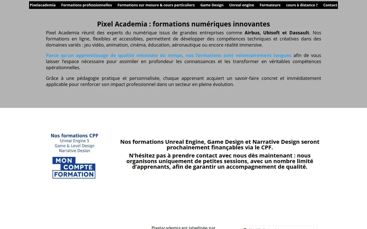 Page d’accueil de Pixel Academia : présentation des formations numériques et mention du financement CPF.